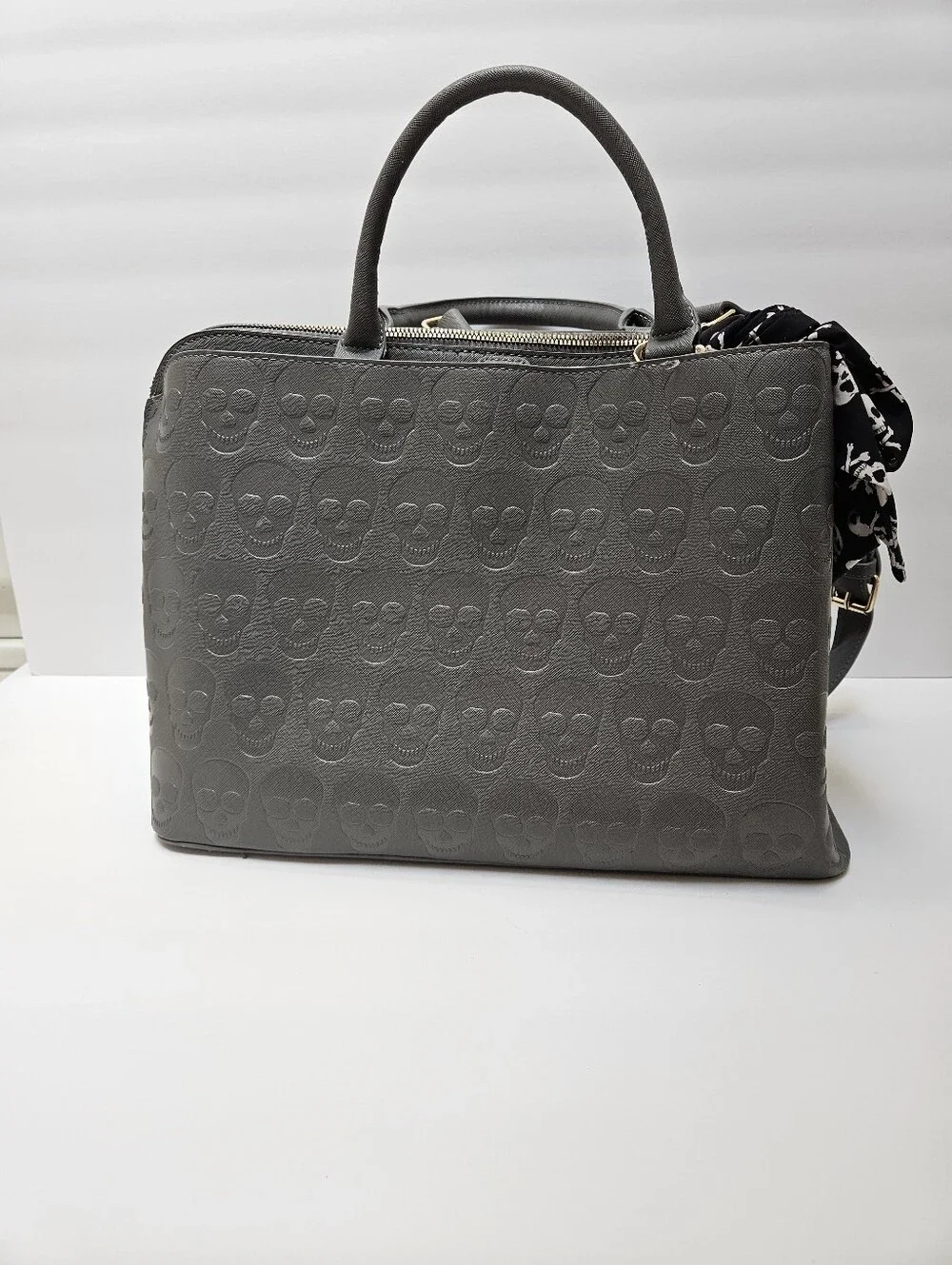 Betsey Johnson Charcoal Gray Embossed Skull Satchel Handbag Purse